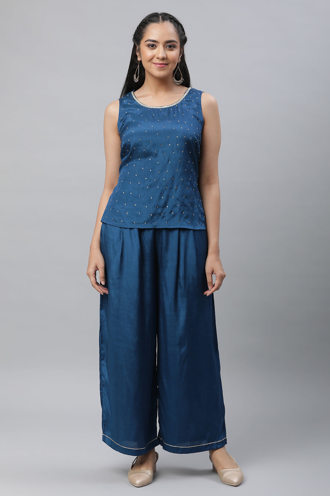 Blue Shantung Sequined Top, Sheer Gilet and Pants Set