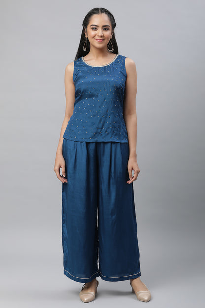 Blue Shantung Top, Gilet and Pants Set