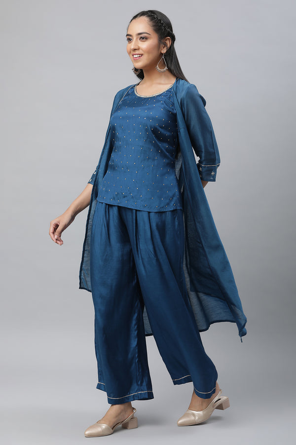 Blue Shantung Sequined Top, Sheer Gilet and Pants Set