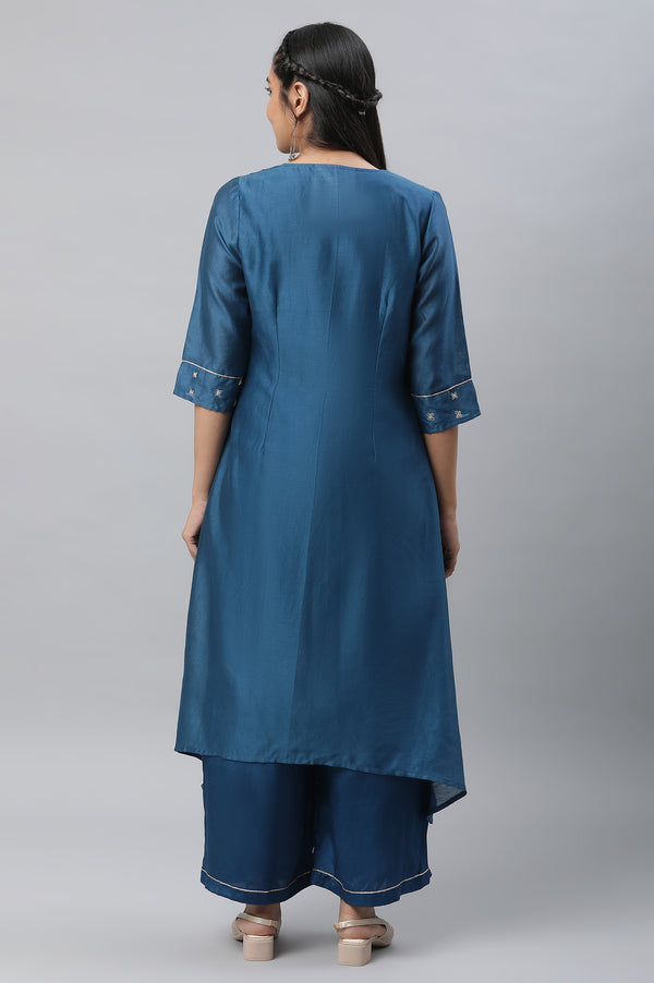 Blue Shantung Sequined Top, Sheer Gilet and Pants Set