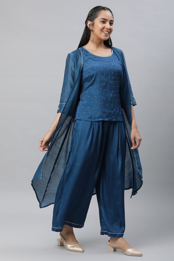 Blue Shantung Sequined Top, Sheer Gilet and Pants Set