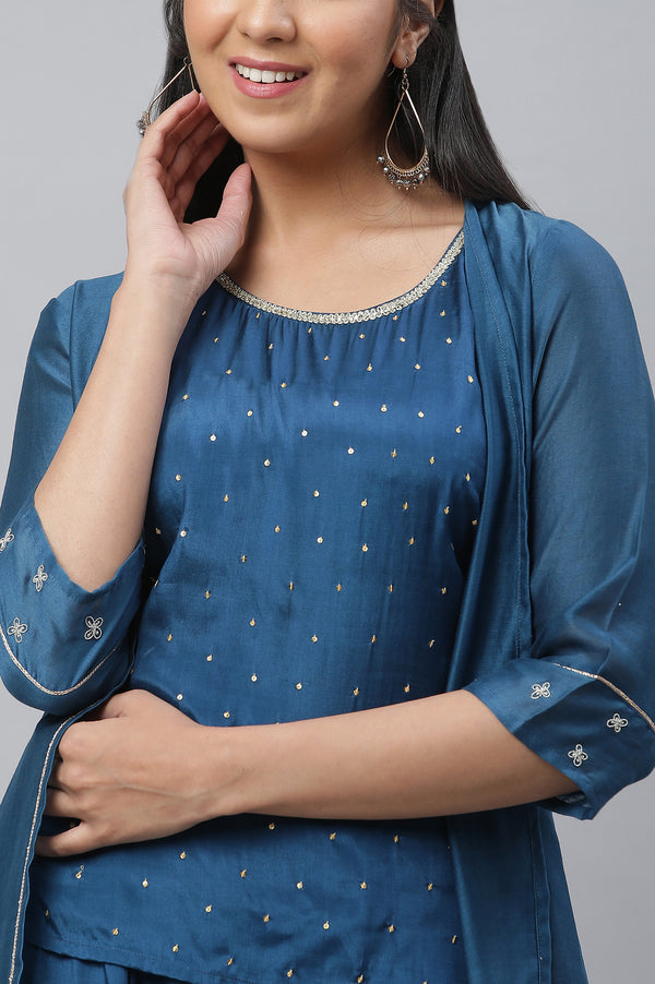 Blue Shantung Sequined Top, Sheer Gilet and Pants Set