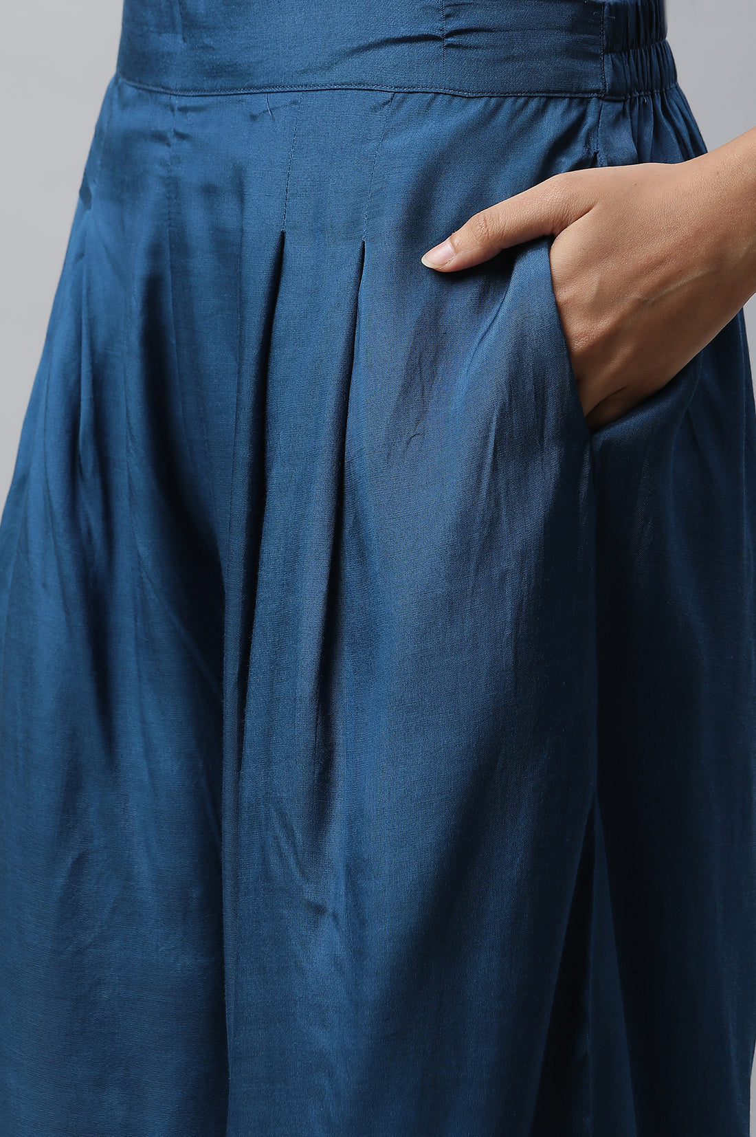 Blue Shantung Sequined Top, Sheer Gilet and Pants Set