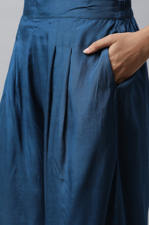 Blue Shantung Sequined Top, Sheer Gilet and Pants Set