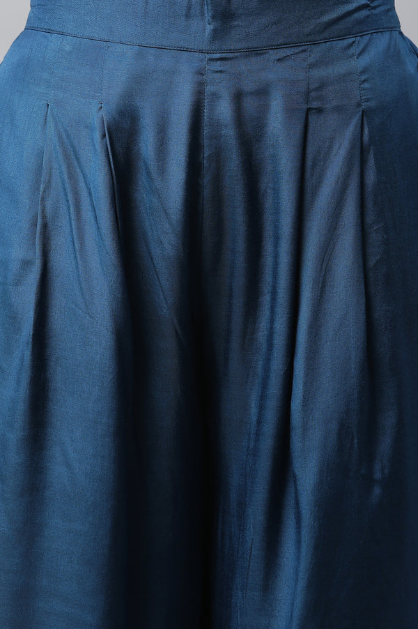 Blue Shantung Sequined Top, Sheer Gilet and Pants Set