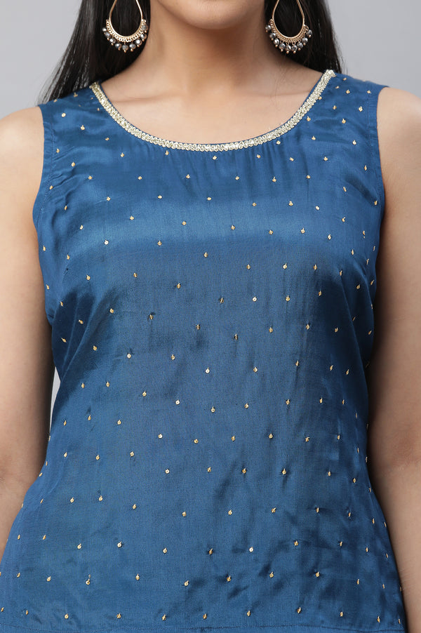 Blue Shantung Sequined Top, Sheer Gilet and Pants Set