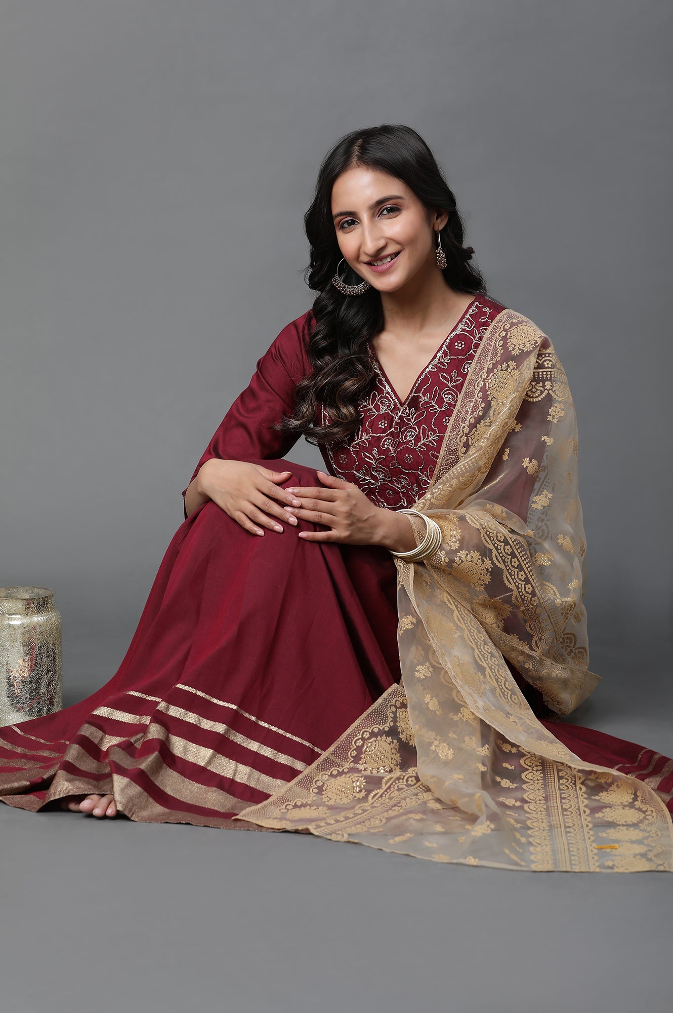 Maroon Embroidered Short Kurti, Skirt and Dupatta Set