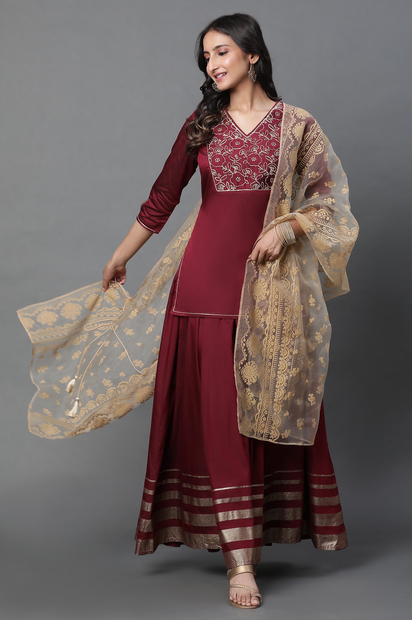 Maroon Embroidered Short Kurti, Skirt and Dupatta Set