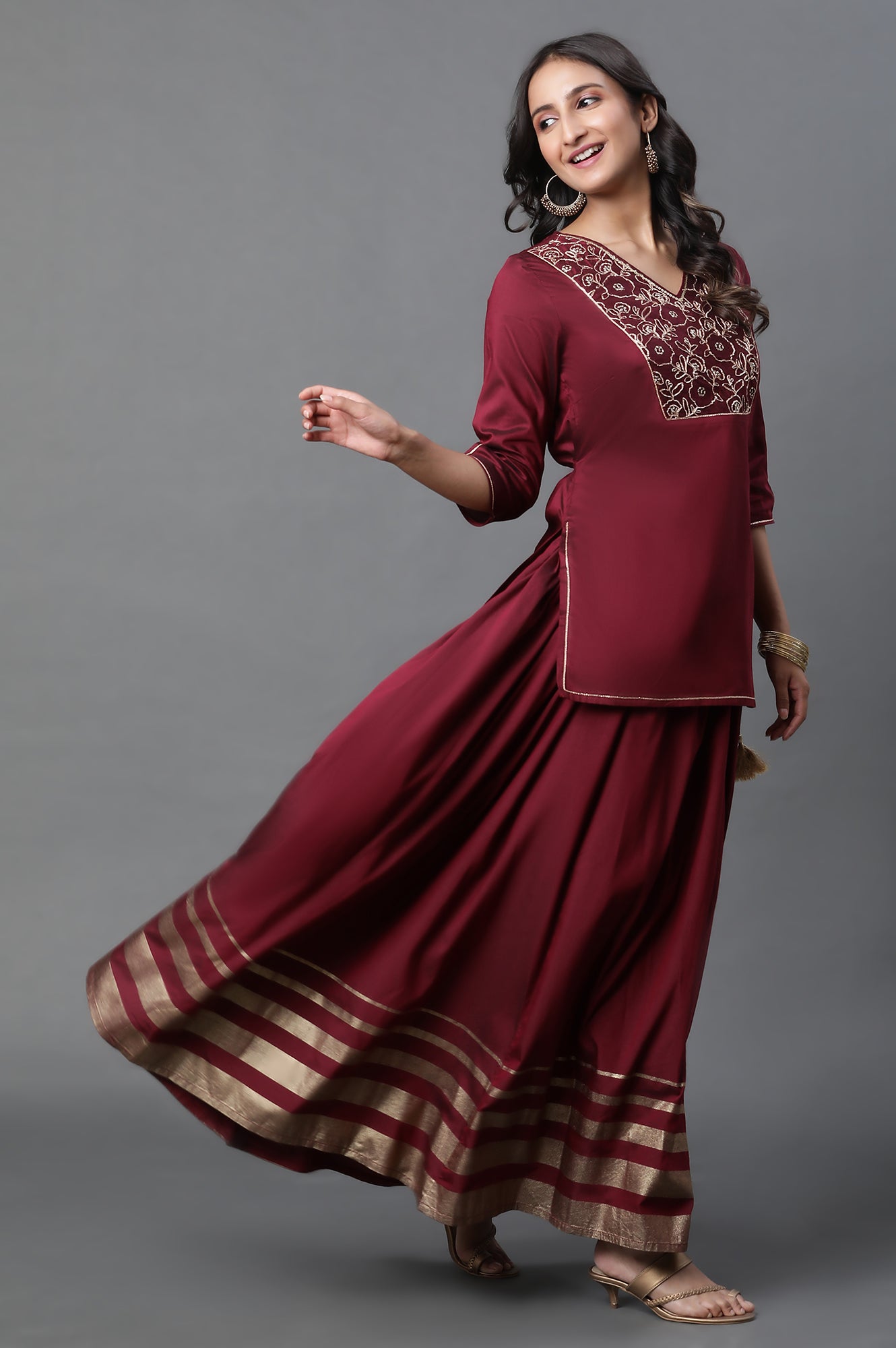 Maroon Embroidered Short Kurti, Skirt and Dupatta Set