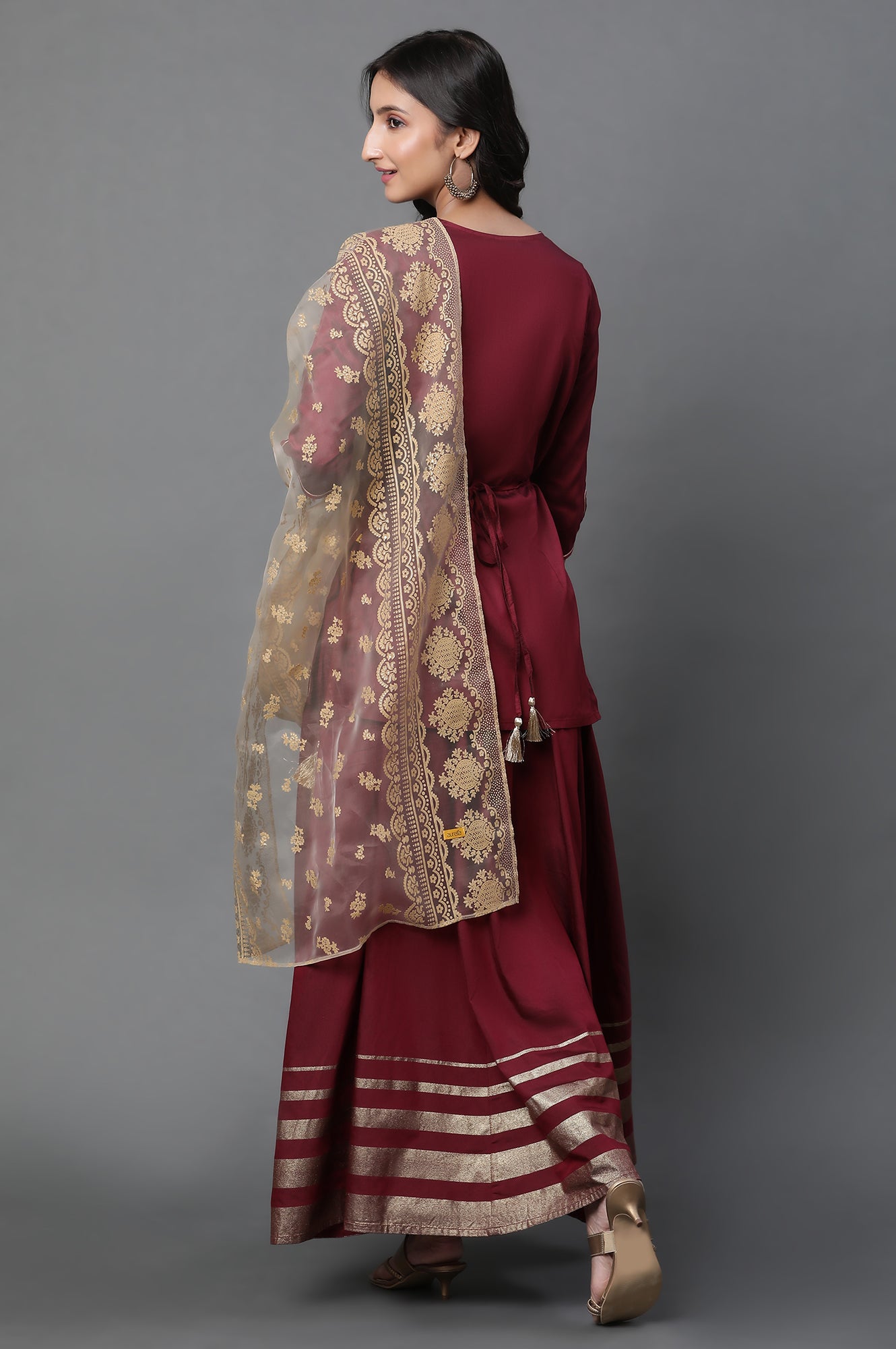 Maroon Embroidered Short Kurti, Skirt and Dupatta Set