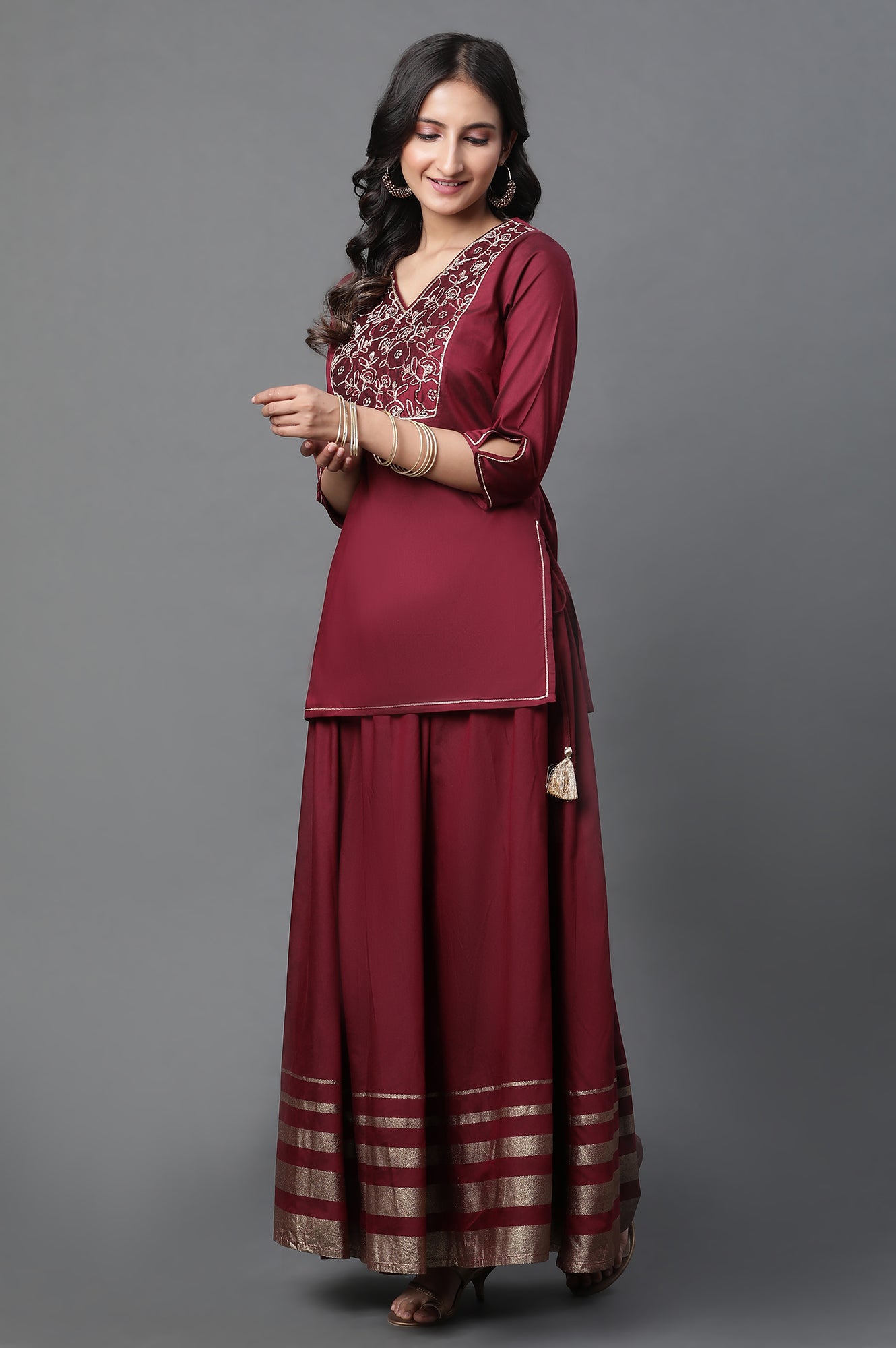 Maroon Embroidered Short Kurti, Skirt and Dupatta Set