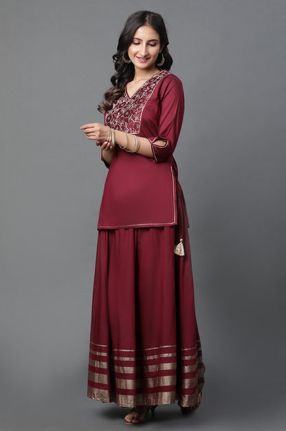 Maroon Embroidered Short Kurti, Skirt and Dupatta Set