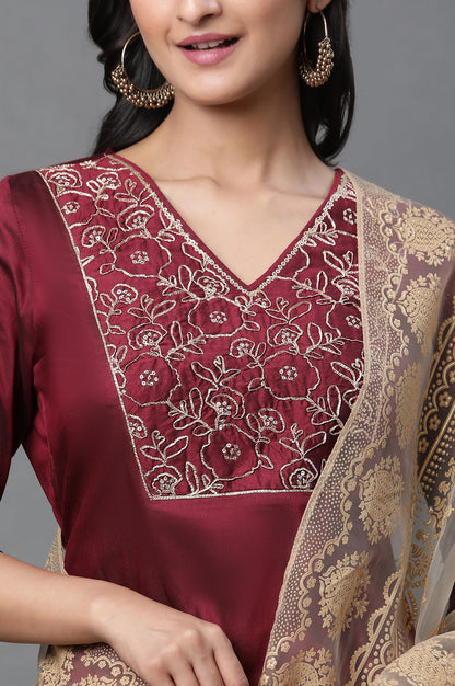 Maroon Embroidered Short Kurti, Skirt and Dupatta Set