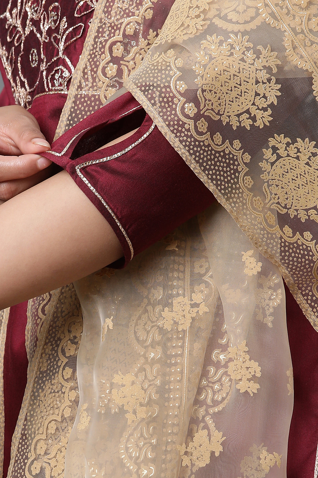 Maroon Embroidered Short Kurti, Skirt and Dupatta Set