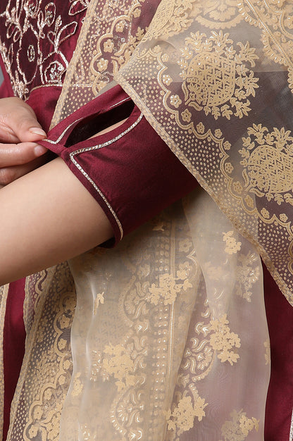 Maroon Embroidered Short Kurti, Skirt and Dupatta Set