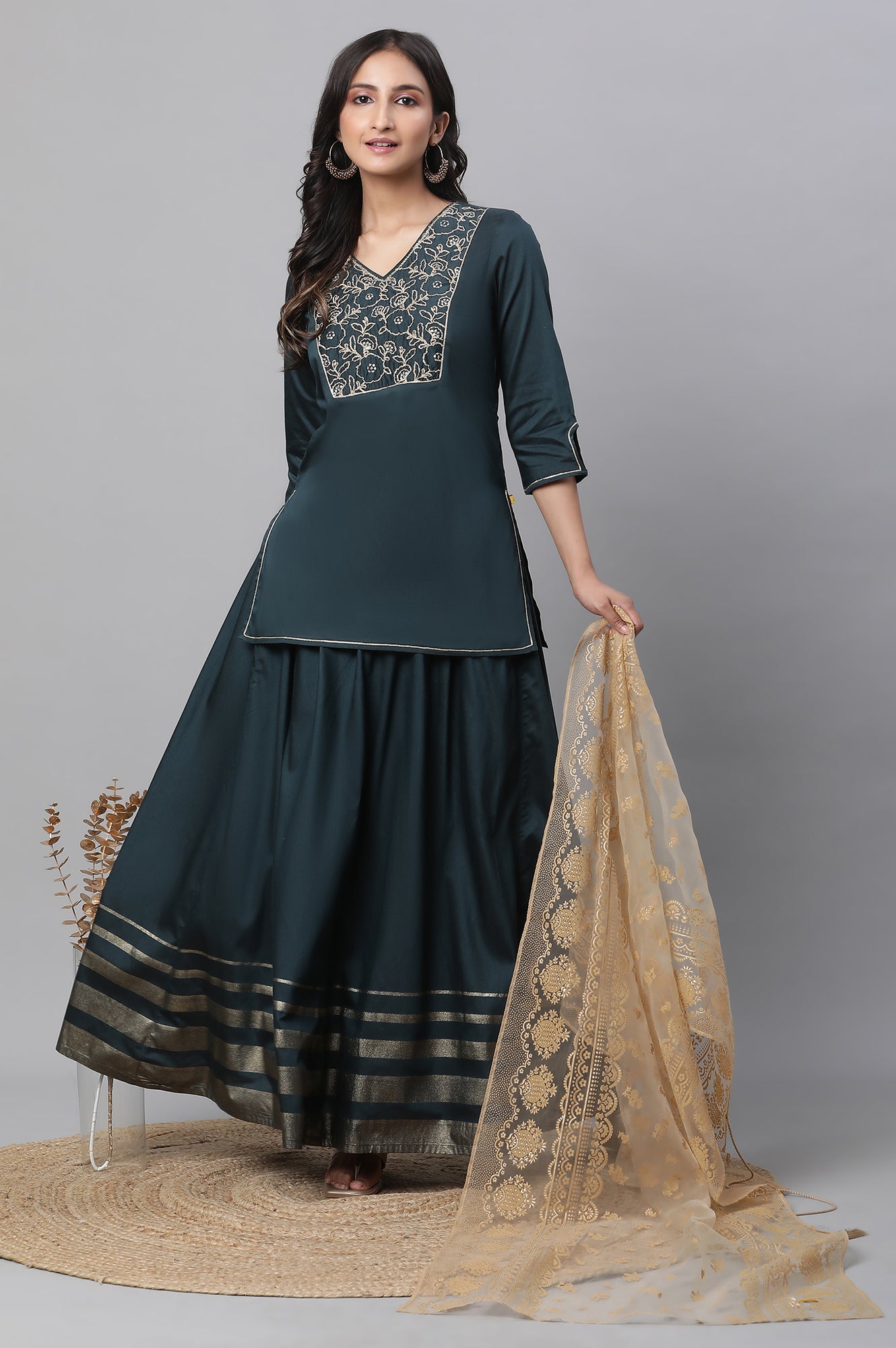 Green Embroidered Short Kurti, Skirt and Dupatta Set