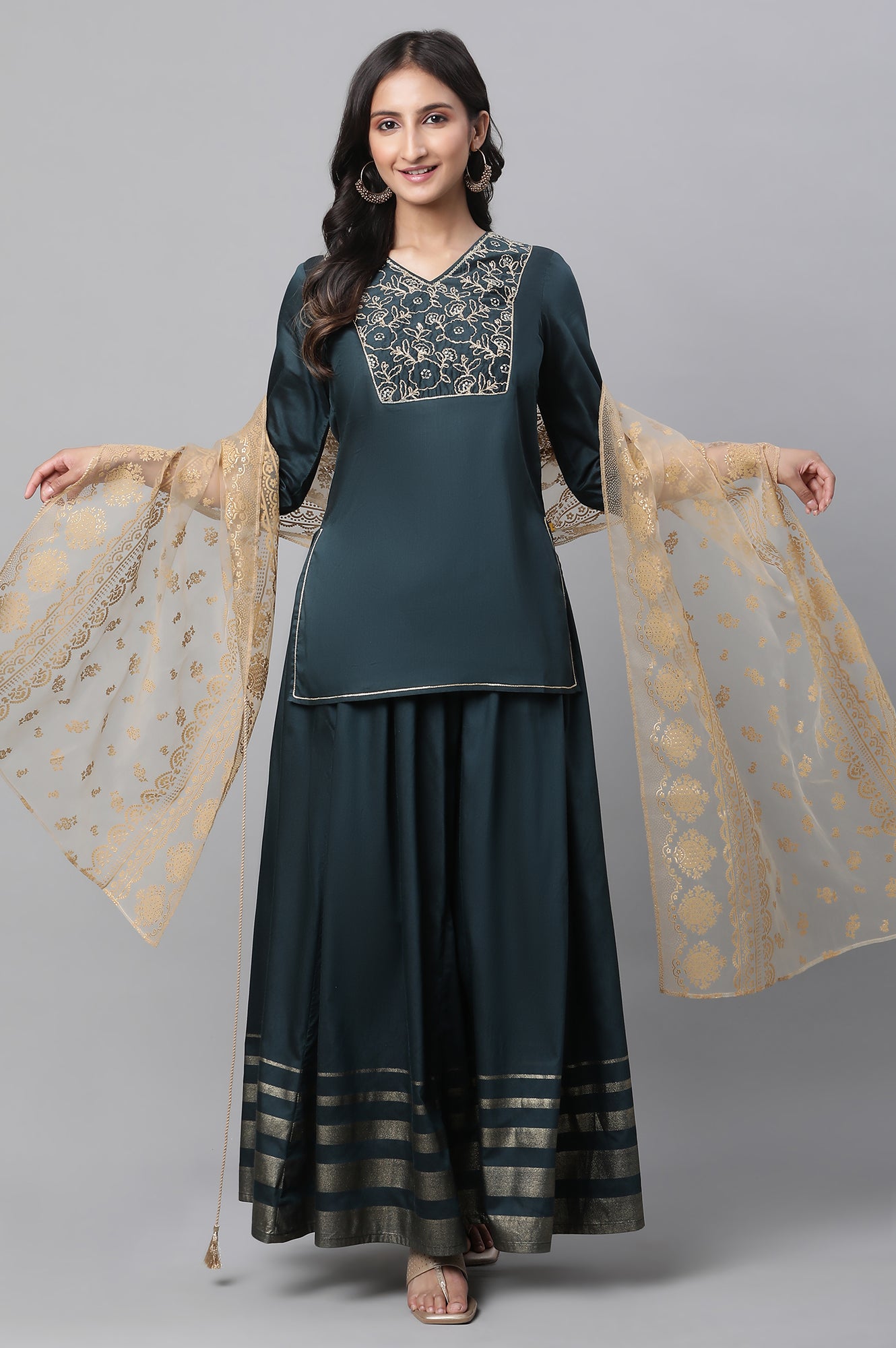 Green Embroidered Short Kurti, Skirt and Dupatta Set