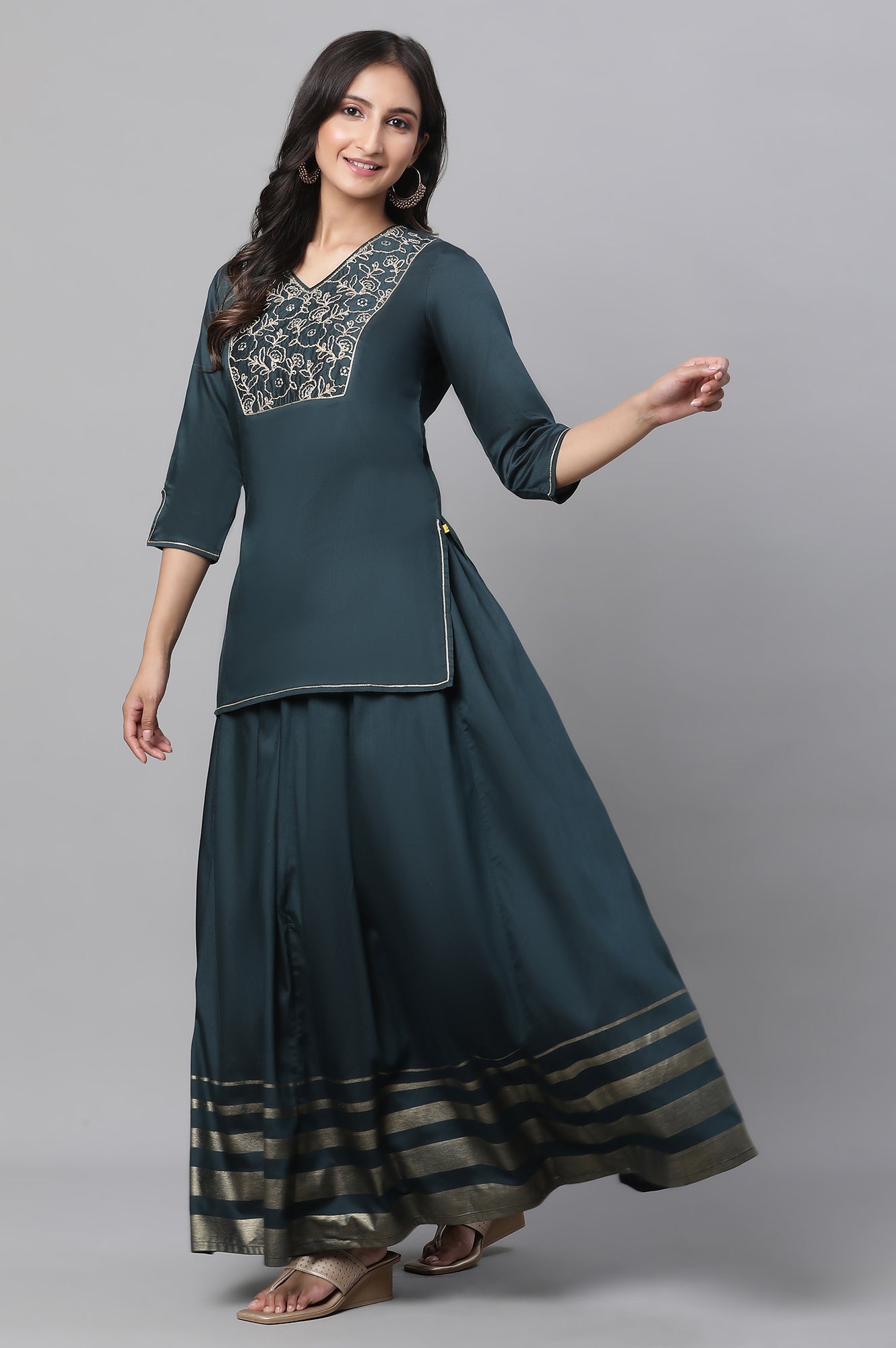 short kurti with skirt dress design Bright Yellow short kurti paired with flaired skirt