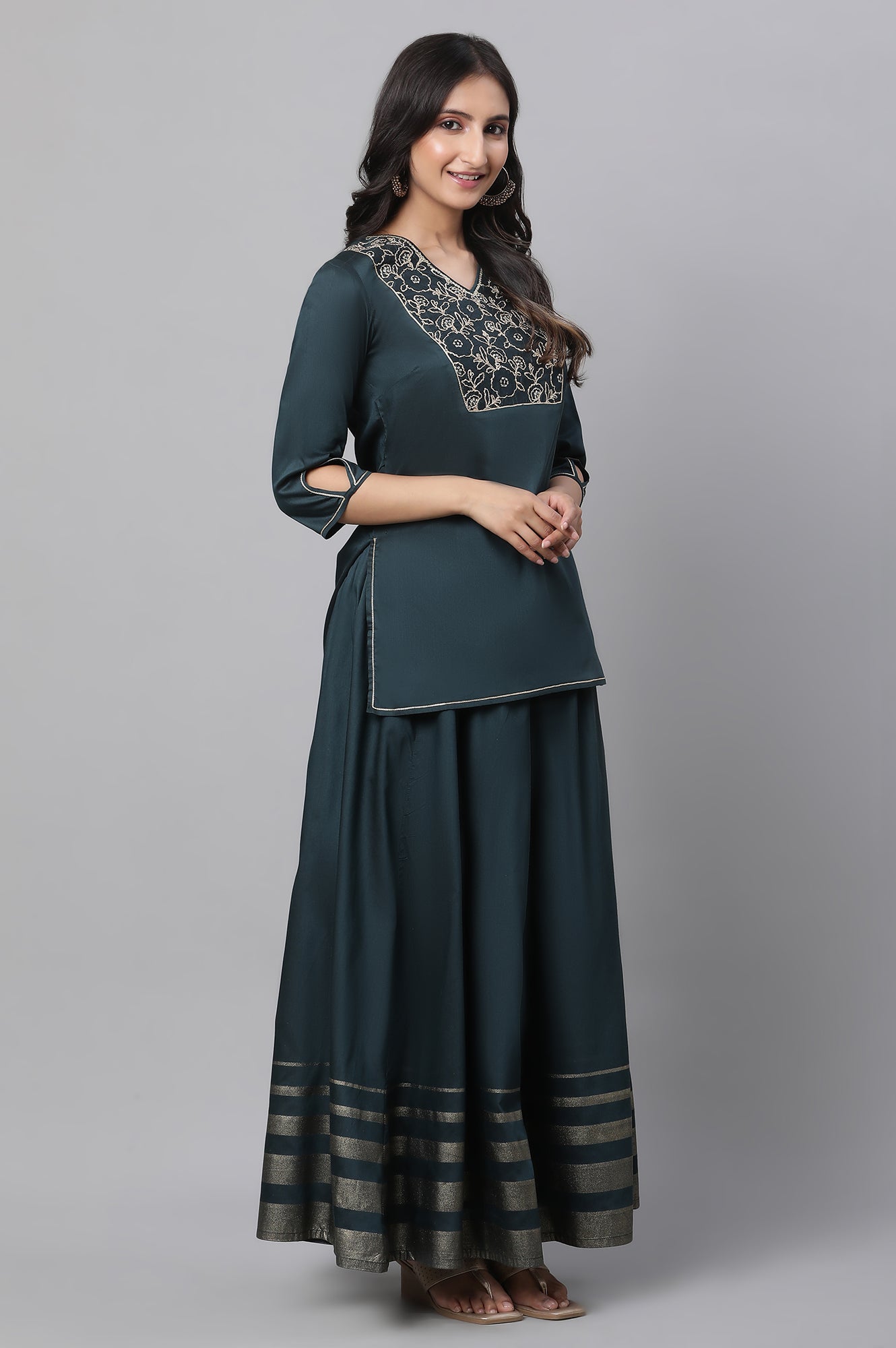 Green Embroidered Short Kurti, Skirt and Dupatta Set