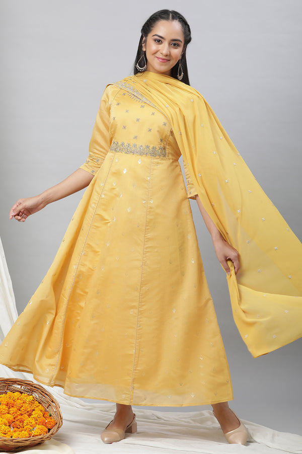 Yellow Embroidered Chanderi Festive Dress and Dupatta Set