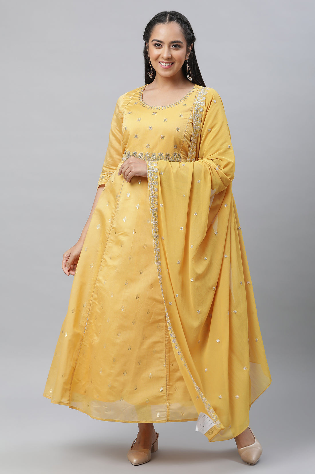 Yellow Embroidered Chanderi Festive Dress and Dupatta Set