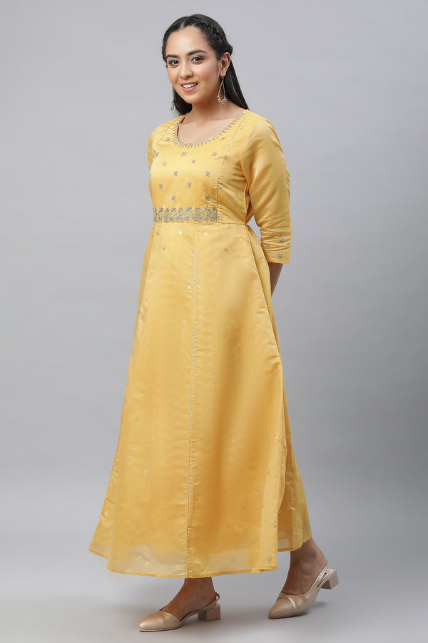 Yellow Embroidered Chanderi Festive Dress and Dupatta Set