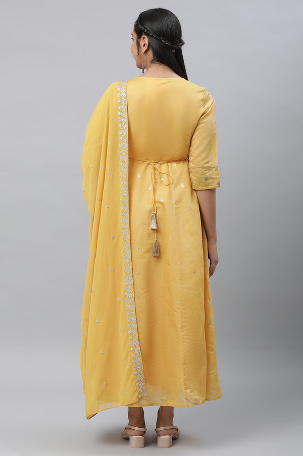 Yellow Embroidered Chanderi Festive Dress and Dupatta Set