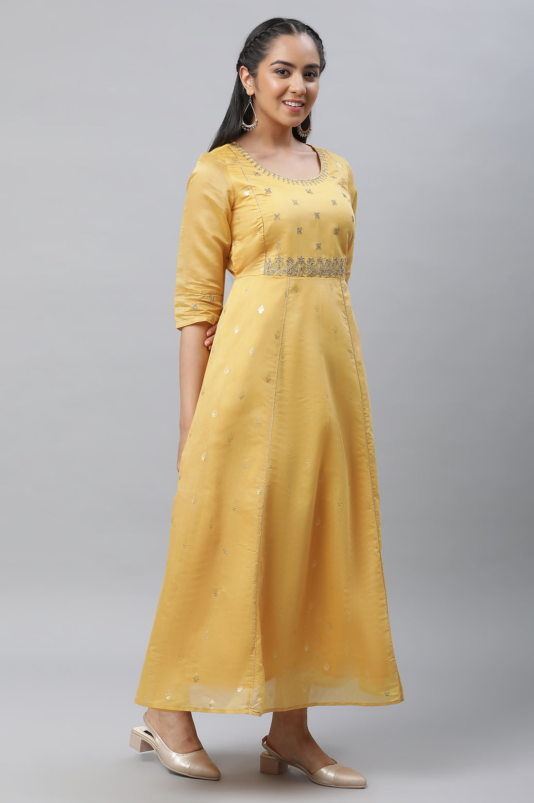 Yellow Embroidered Chanderi Festive Dress and Dupatta Set