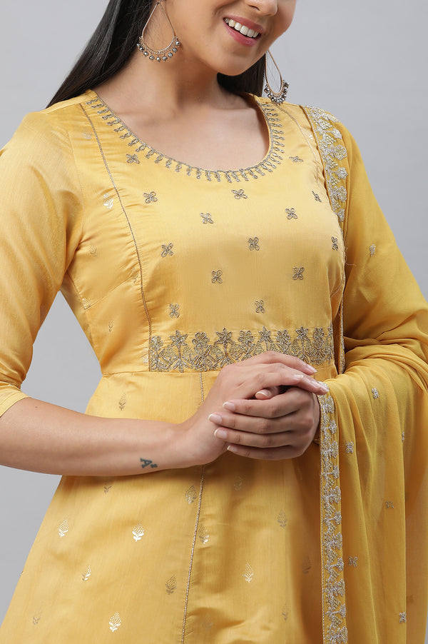 Yellow Embroidered Chanderi Festive Dress and Dupatta Set