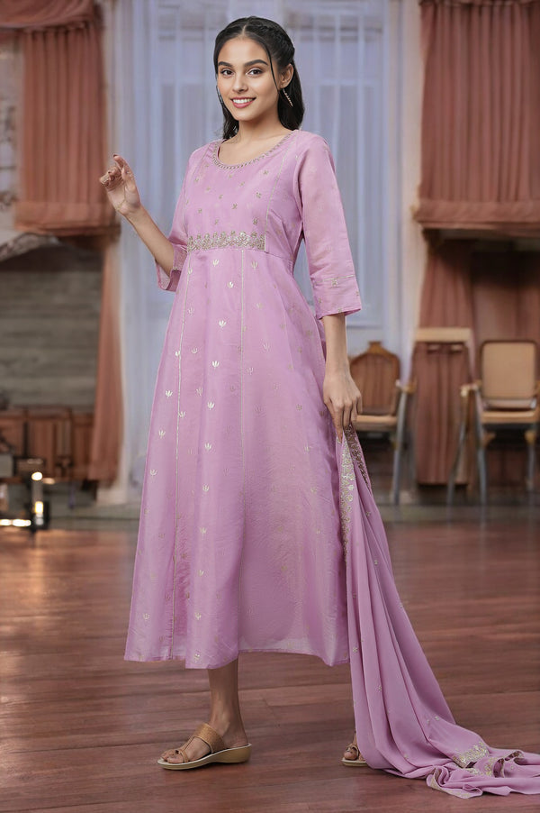 Purple Embroidered Chanderi Festive Dress and Dupatta Set