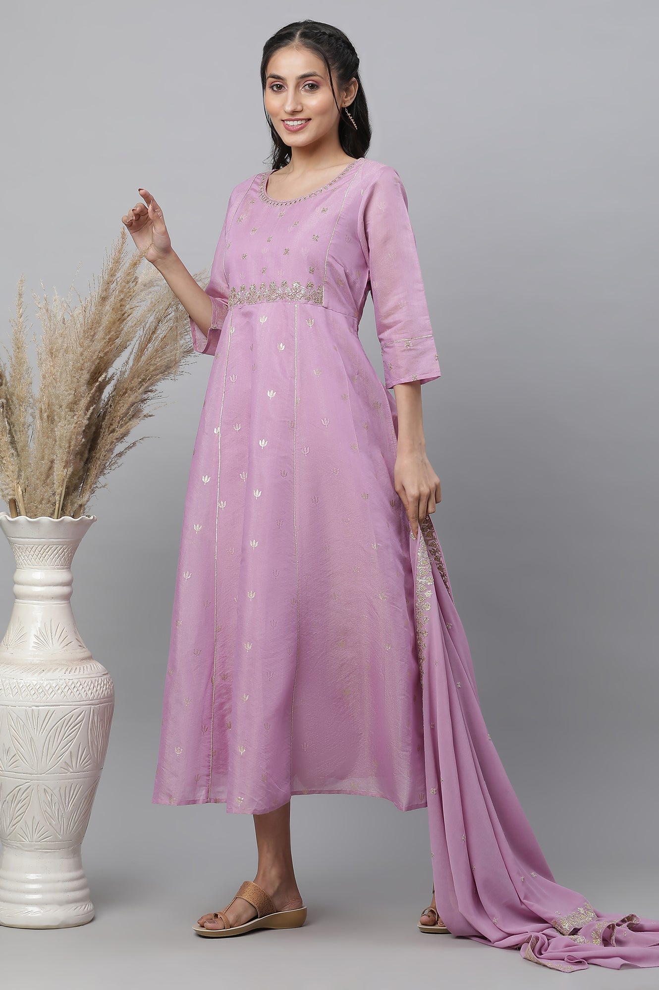 Purple Chanderi Festive Dress and Dupatta Set