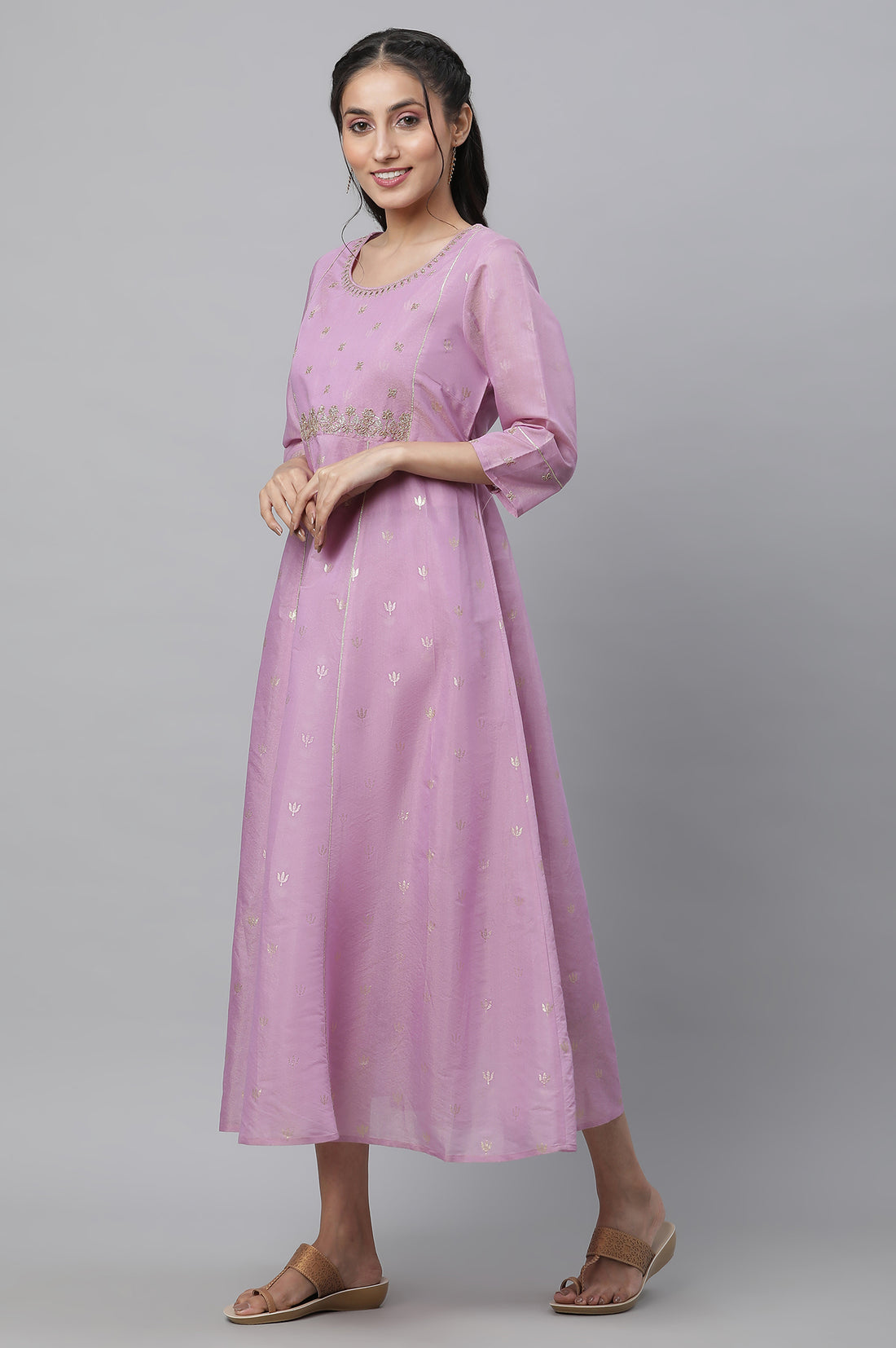 Purple Embroidered Chanderi Festive Dress and Dupatta Set