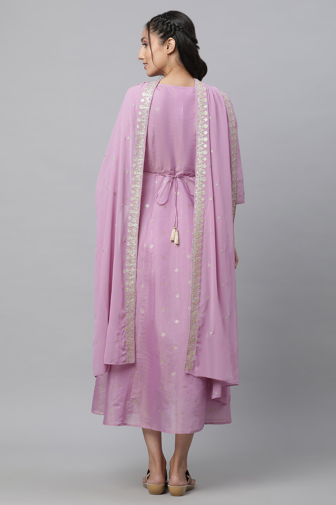 Purple Embroidered Chanderi Festive Dress and Dupatta Set