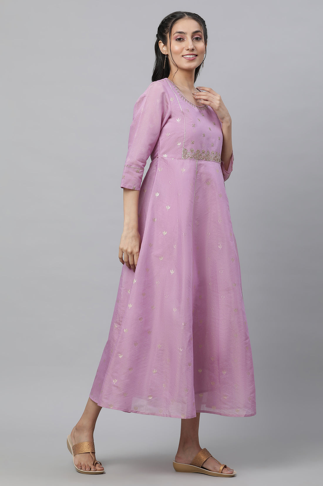 Purple Embroidered Chanderi Festive Dress and Dupatta Set