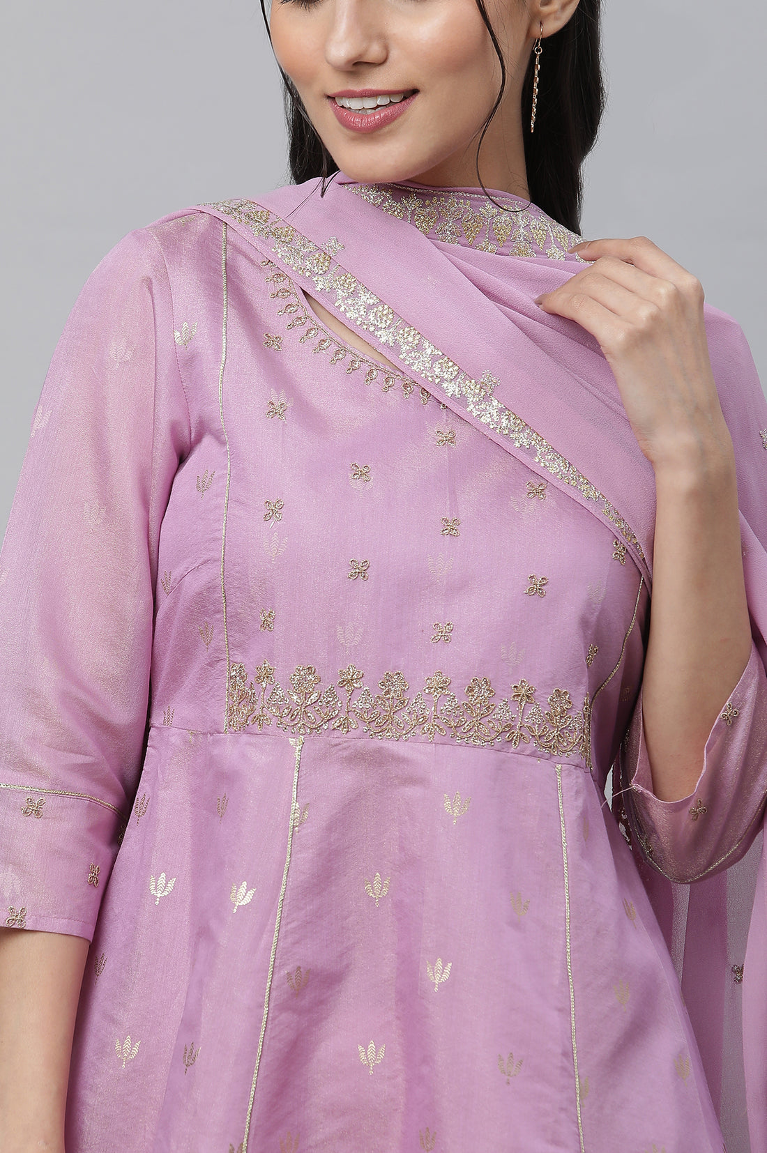 Purple Embroidered Chanderi Festive Dress and Dupatta Set
