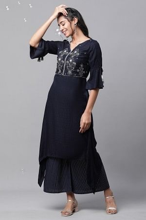 Blue Asymmetrical Embroidered Kurta and Palazzo Set