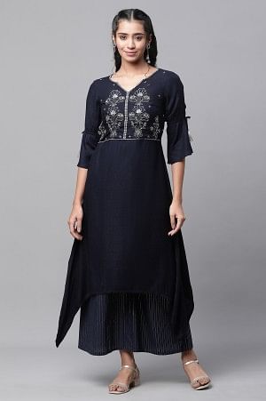 Blue Asymmetrical Embroidered Kurta and Palazzo Set