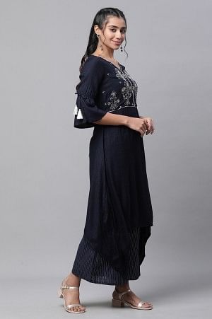 Blue Asymmetrical Embroidered Kurta and Palazzo Set