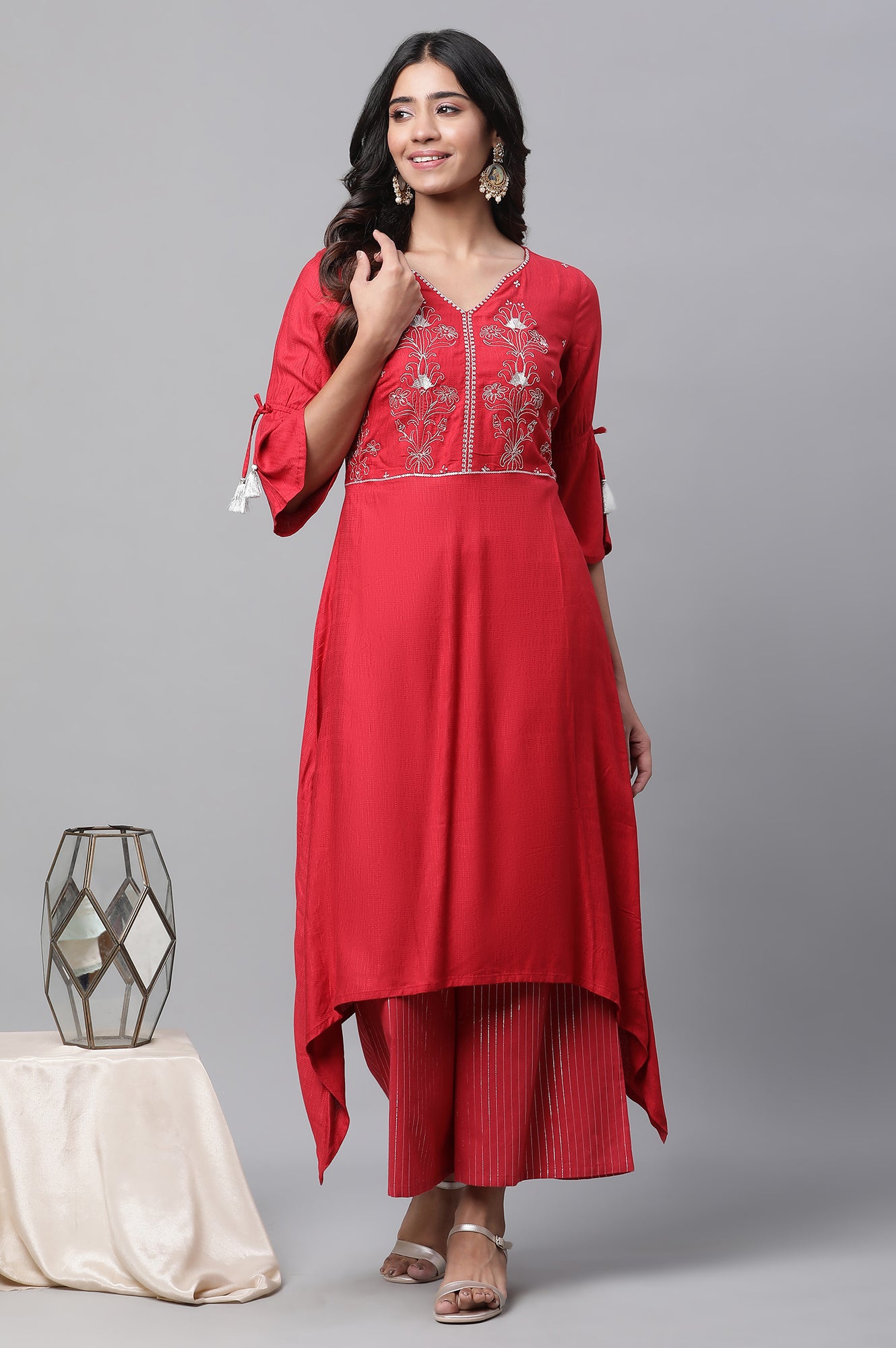 Red Asymmetrical Embroidered Kurta and Palazzo Set