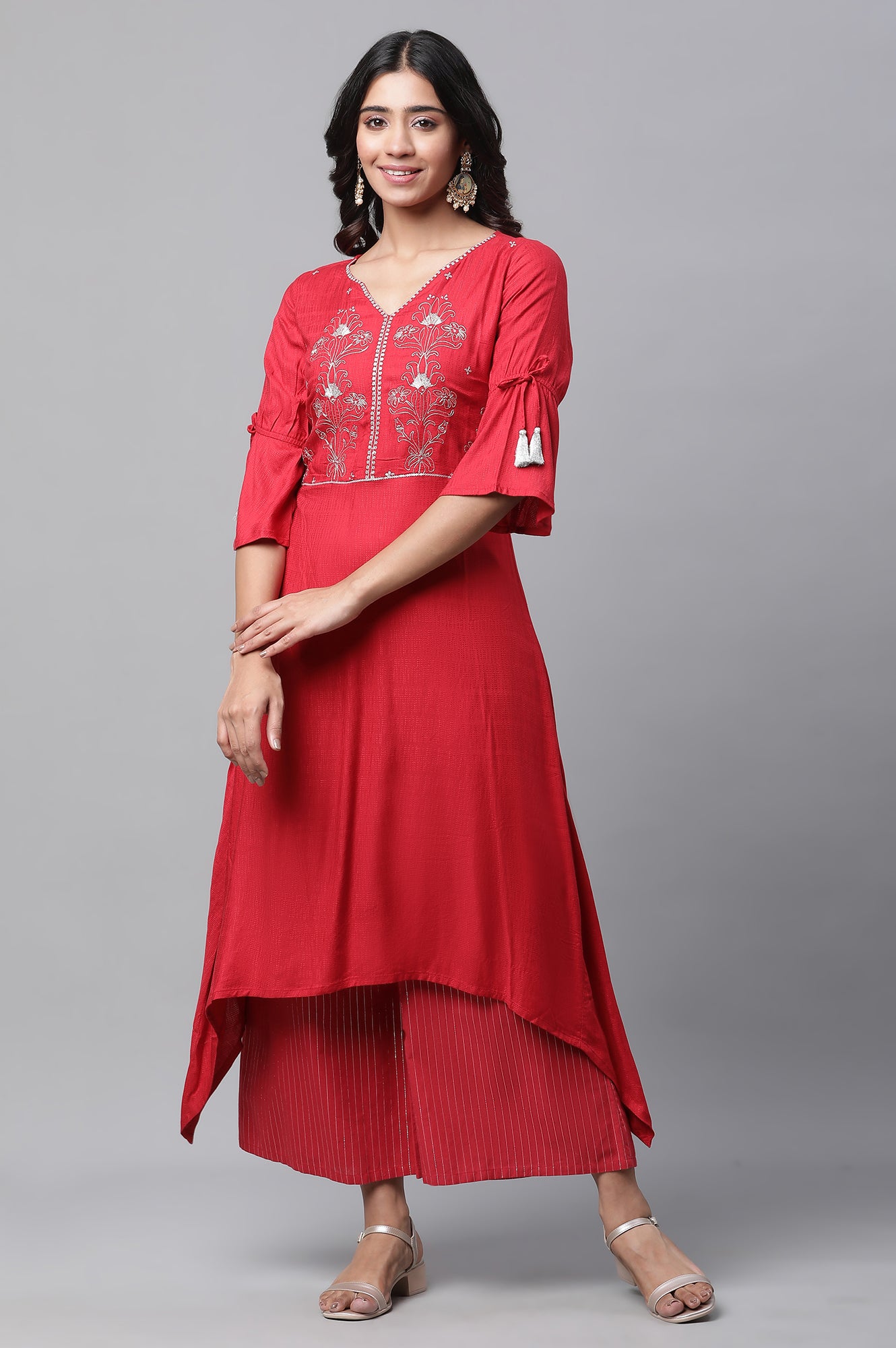 Red Asymmetrical Embroidered Kurta and Palazzo Set