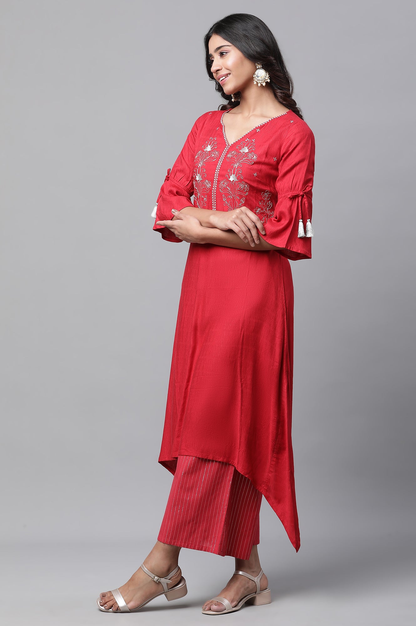 Red Asymmetrical Embroidered Kurta and Palazzo Set