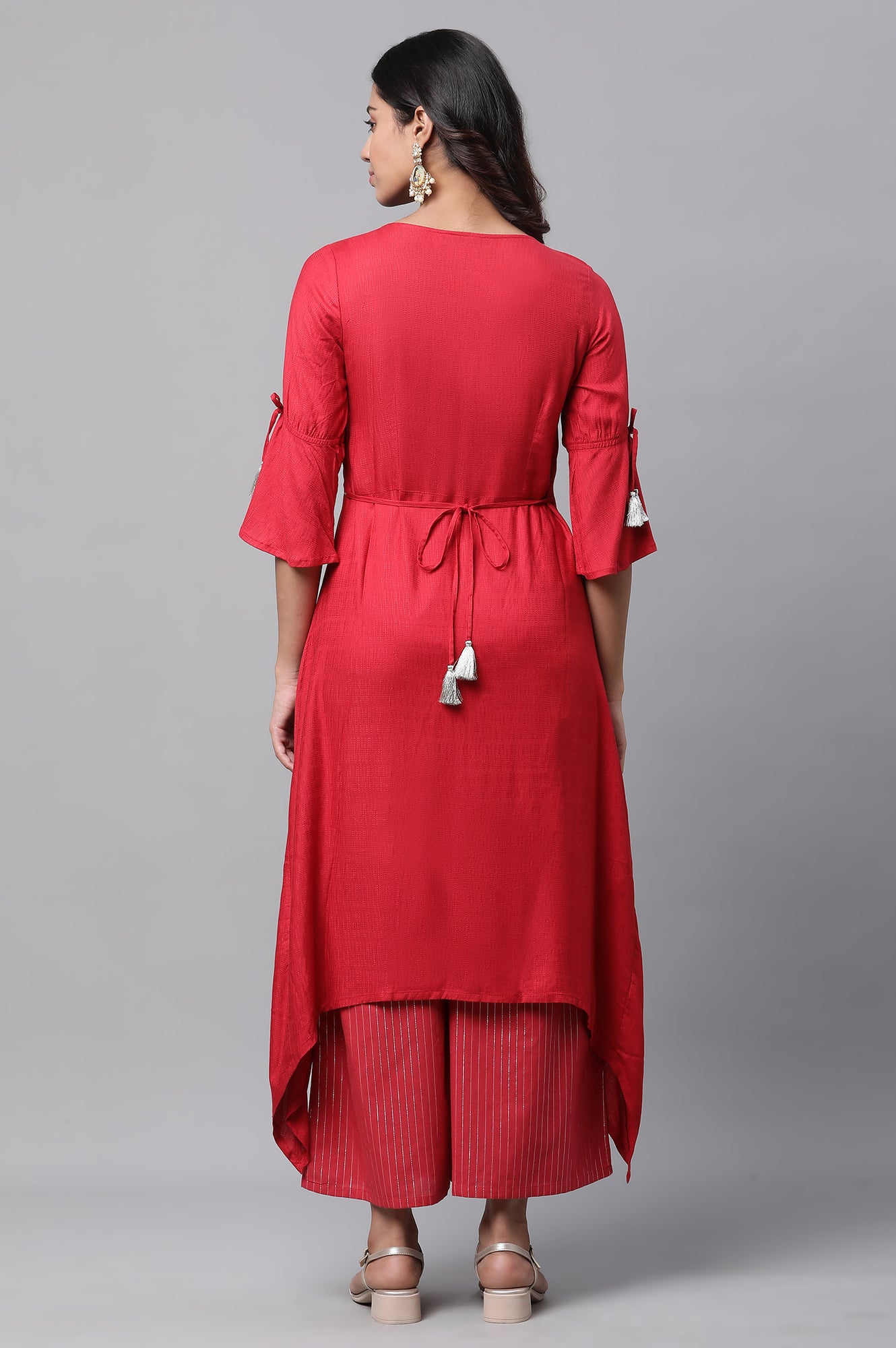 Red Asymmetrical Embroidered Kurta and Palazzo Set