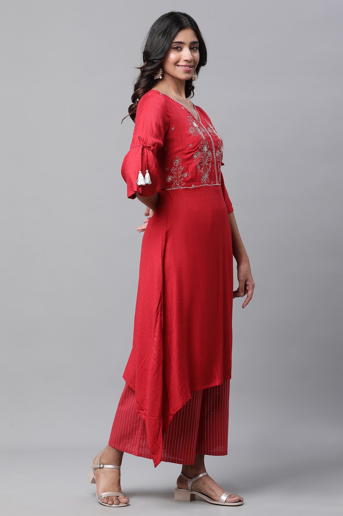 Red Asymmetrical Embroidered Kurta and Palazzo Set