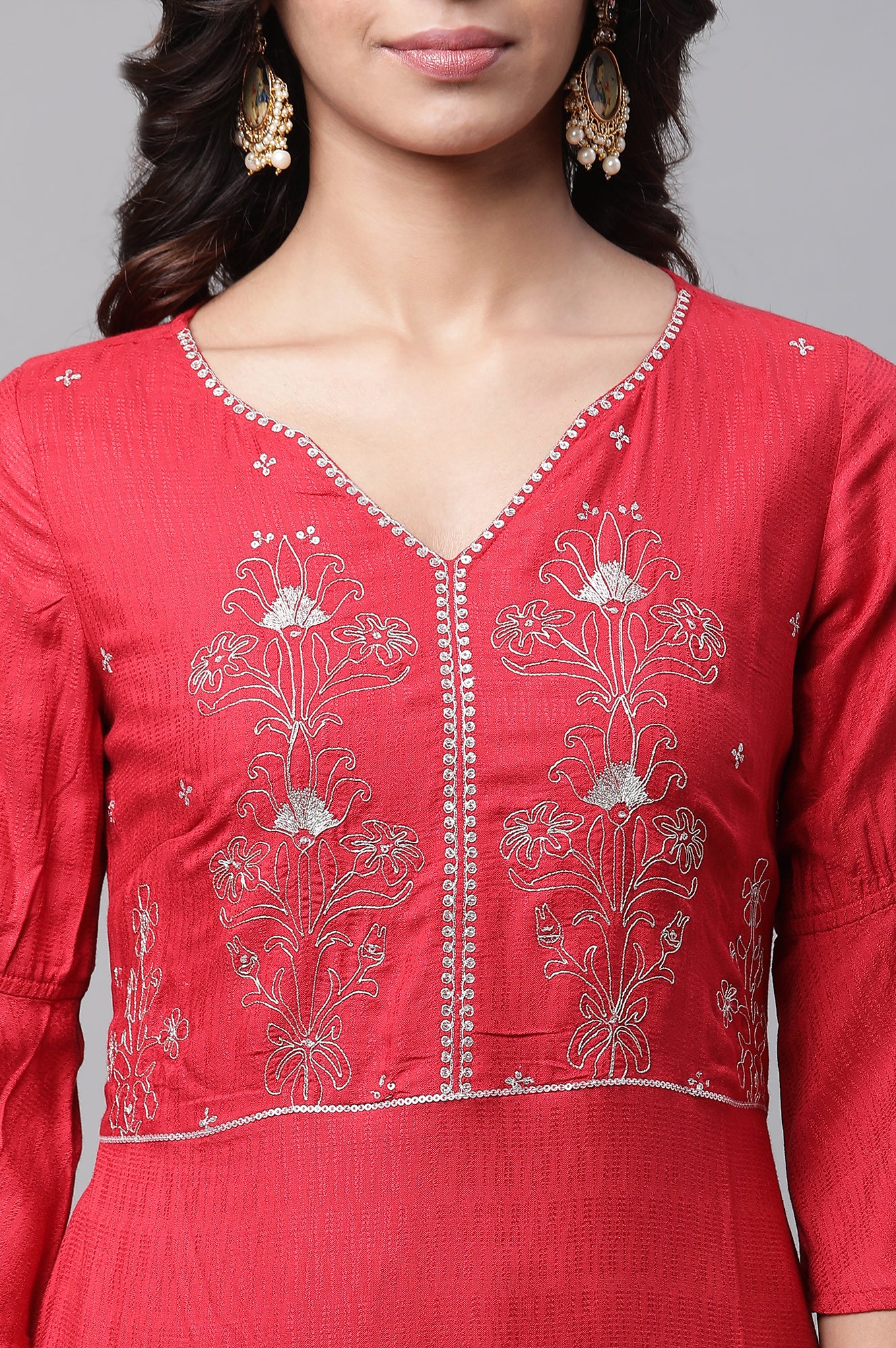 Red Asymmetrical Embroidered Kurta and Palazzo Set