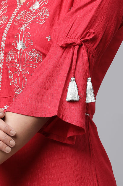 Red Asymmetrical Embroidered Kurta and Palazzo Set