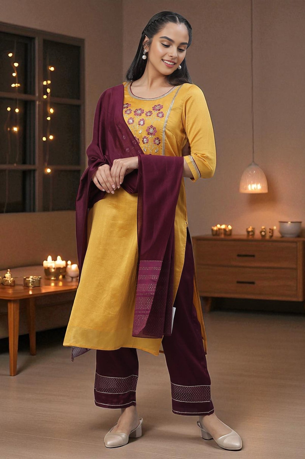 Yellow Embroidered Kurta, Palazzo & Dupatta Set - XS