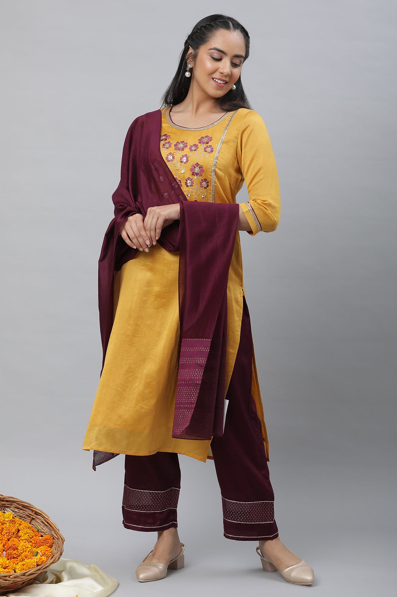 Yellow Embroidered Kurta, Palazzo &amp; Dupatta Set