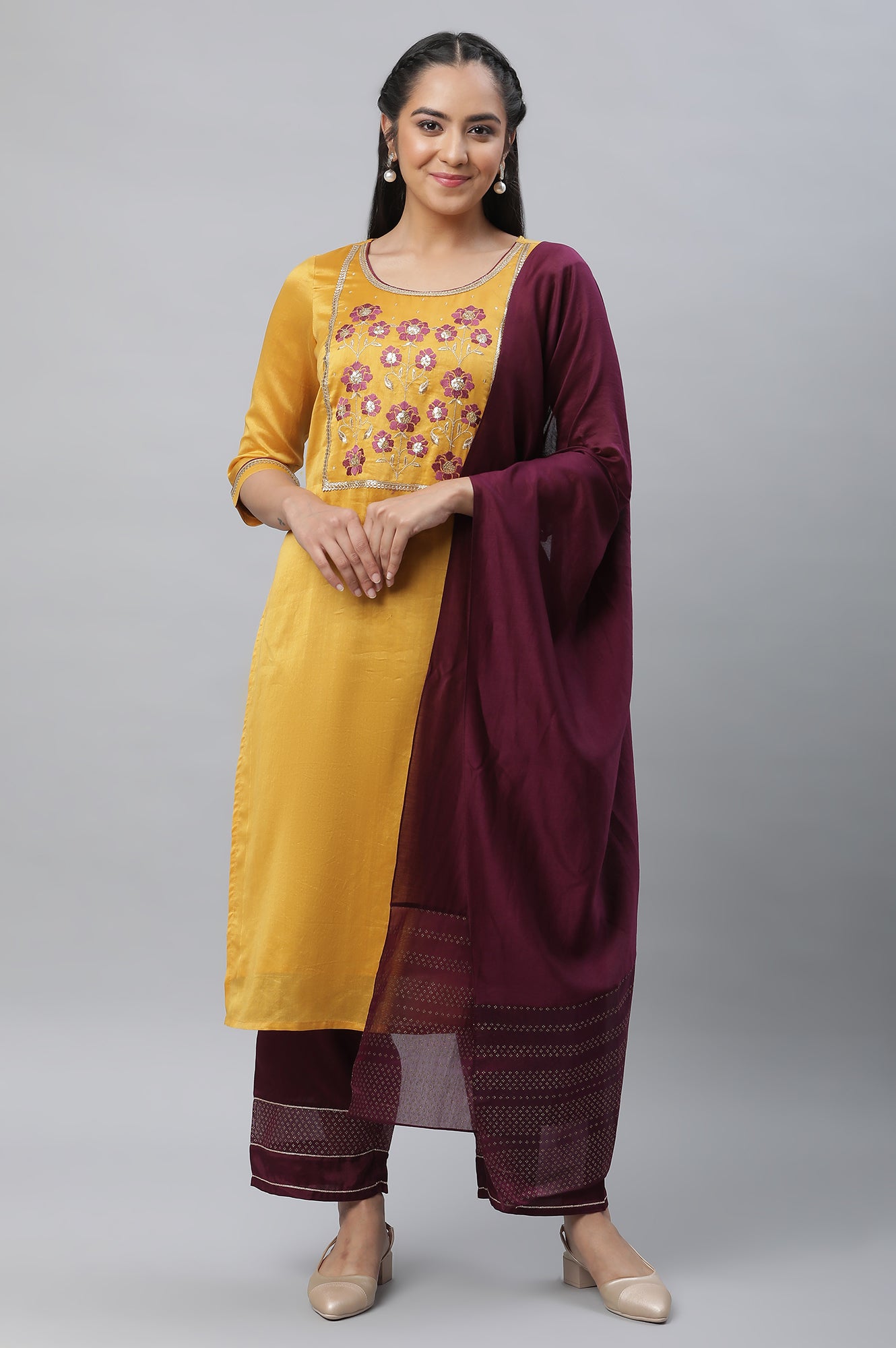 Yellow Embroidered Kurta, Palazzo &amp; Dupatta Set