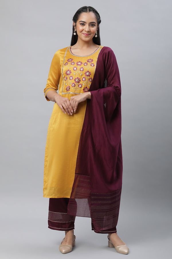 Yellow Embroidered Kurta, Palazzo & Dupatta Set
