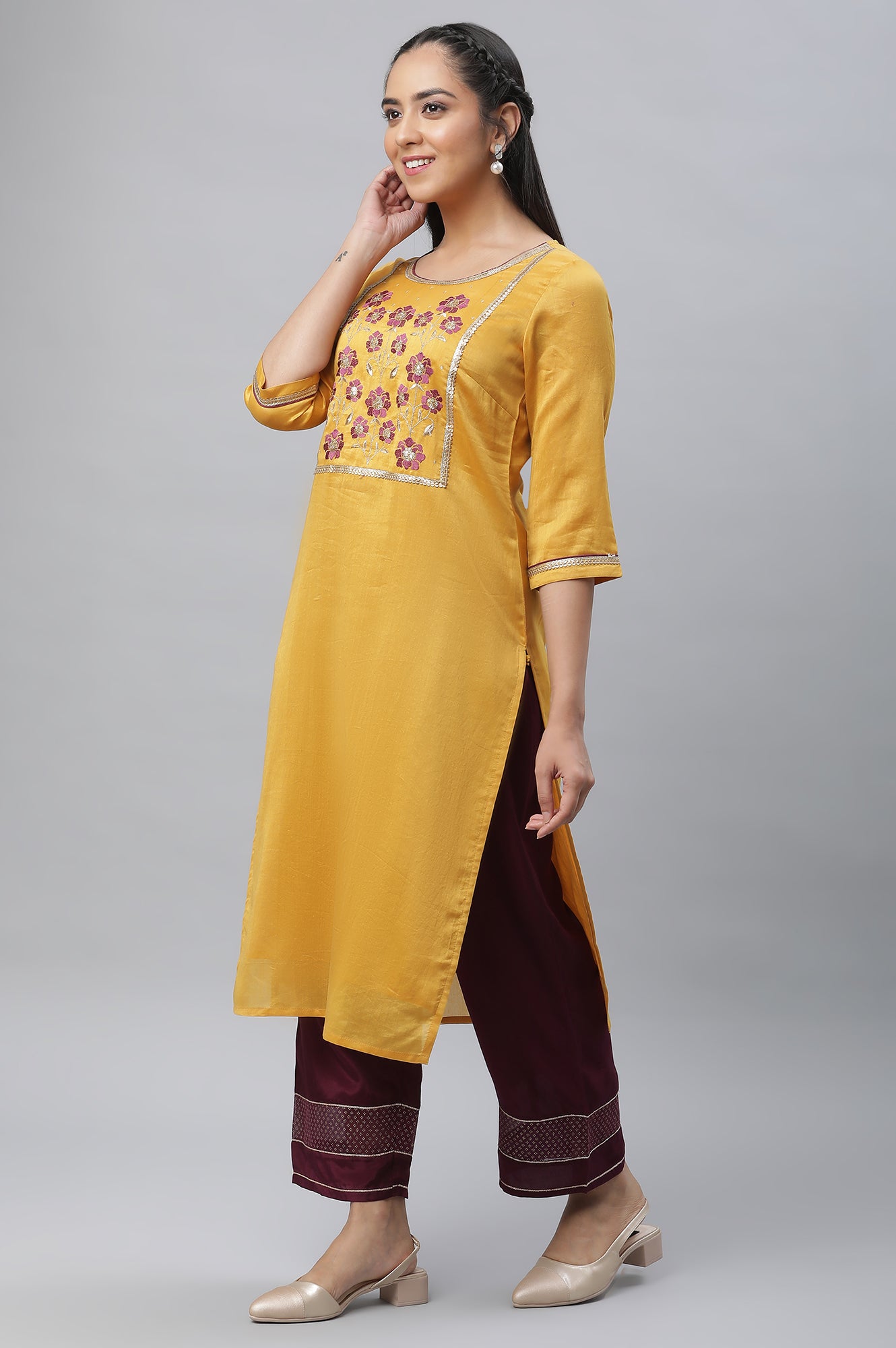 Yellow Embroidered Kurta, Palazzo &amp; Dupatta Set